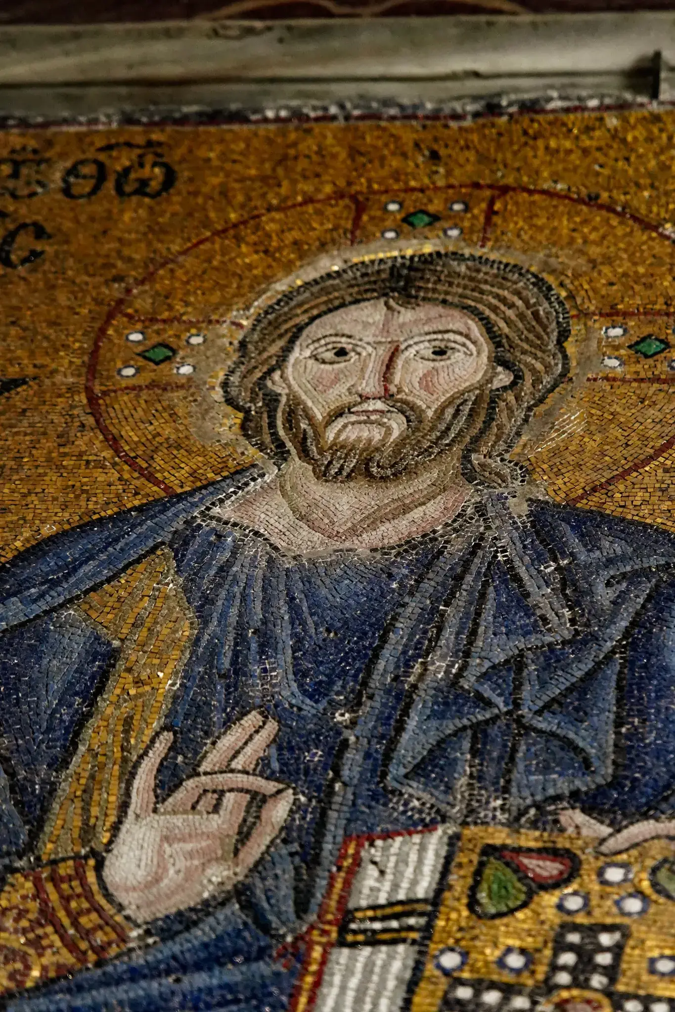 Detail of the historic Byzantine Deesis mosaic in the upper gallery of Hagia Sophia